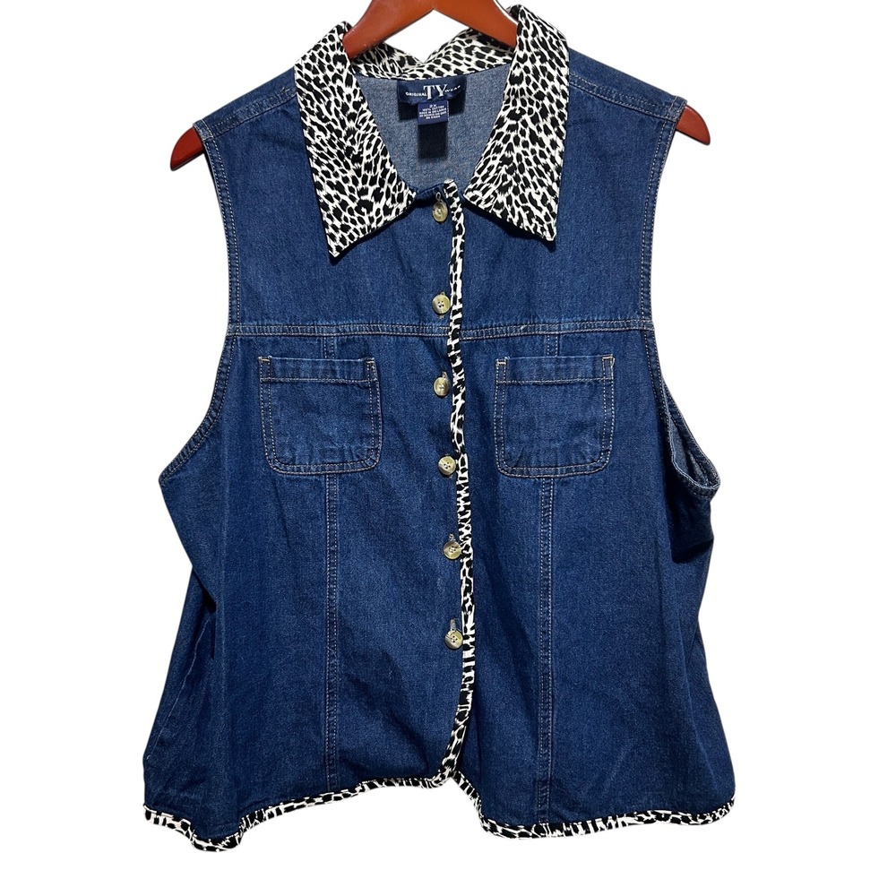 Original TY Wear Womens Button Top 2X‎ Blue Chambray Leopard Trim Y2K Western
